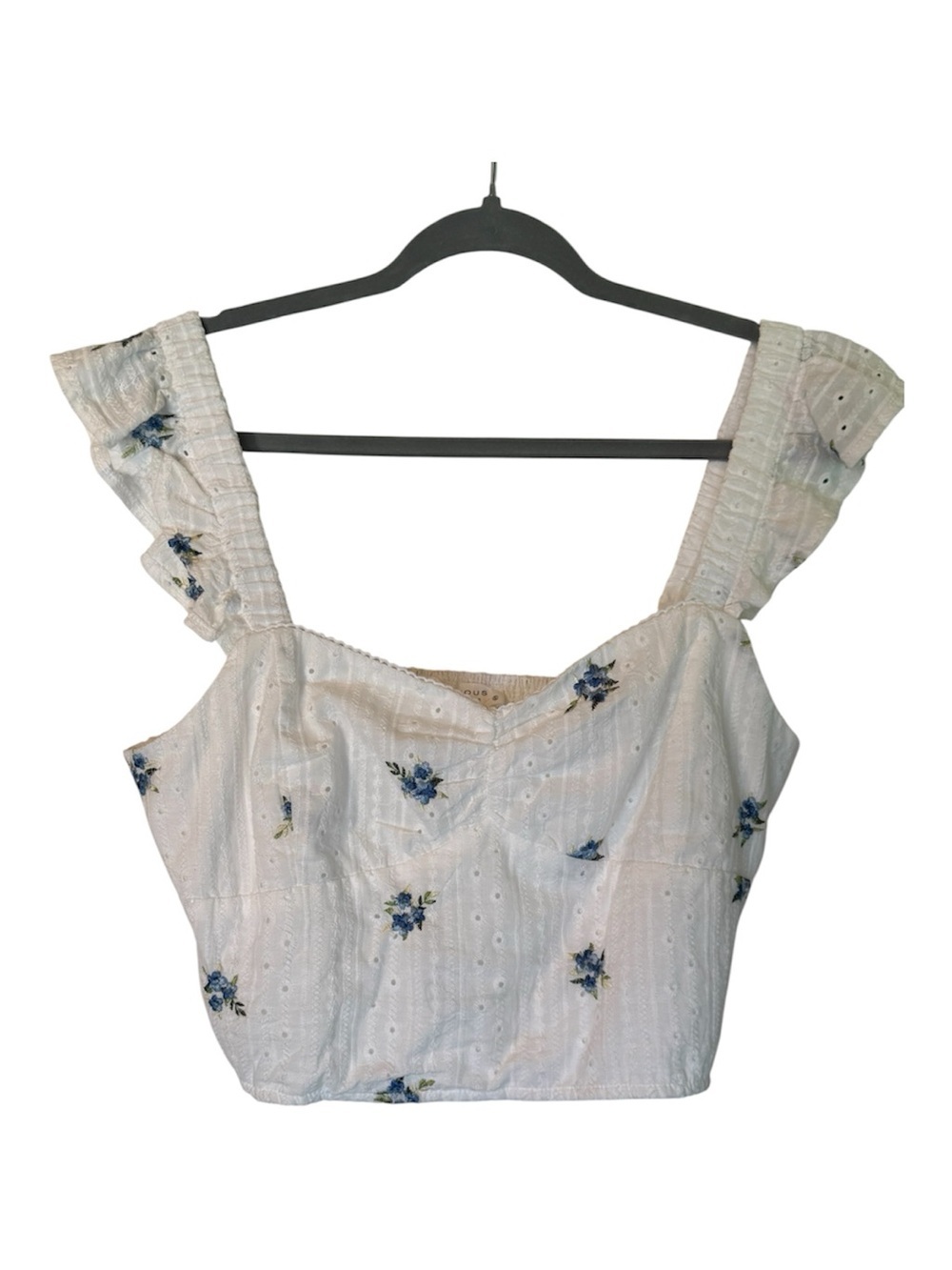 Kirious Women’s White Eyelet Crop Cotton Top Blue Floral Print and Ruffled Strap